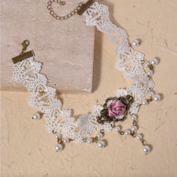 White Lace Choker with Pink Accent - Picture 2 of 3
